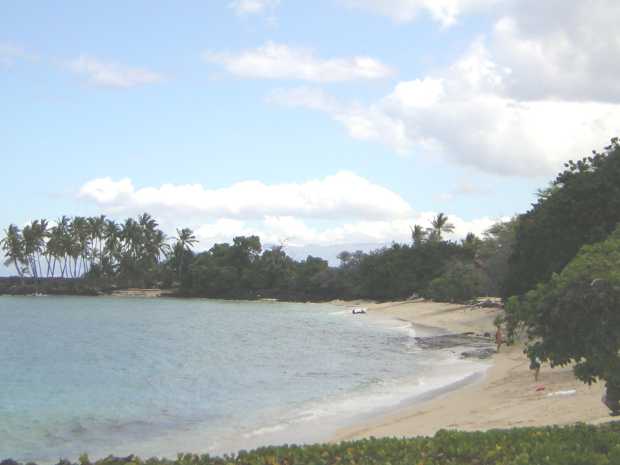 A narrow, pale sand beach curves gently around light blue water, a stand of palm trees in the distance at left, a few people walking on the sand at right.