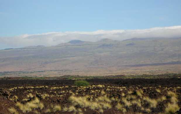 A rough brown and black rocky plain, dotted with tufts of dry grass, stretches before a broad tan and green highland rising majestically to distant forested peaks.